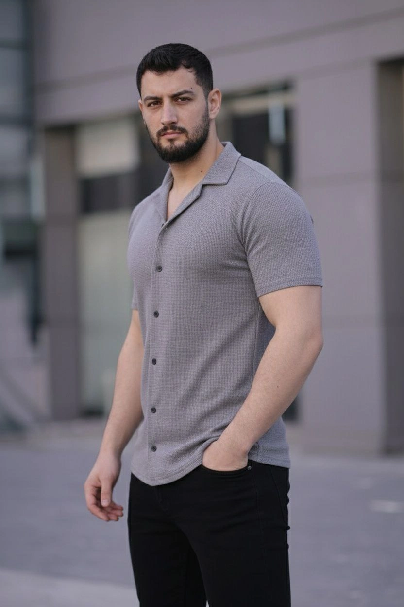 Erkek Waffle Kumaş Açık Yakalı Düğmeli Regular Fit Gömlek 2 li Set Lacivert-Gri
