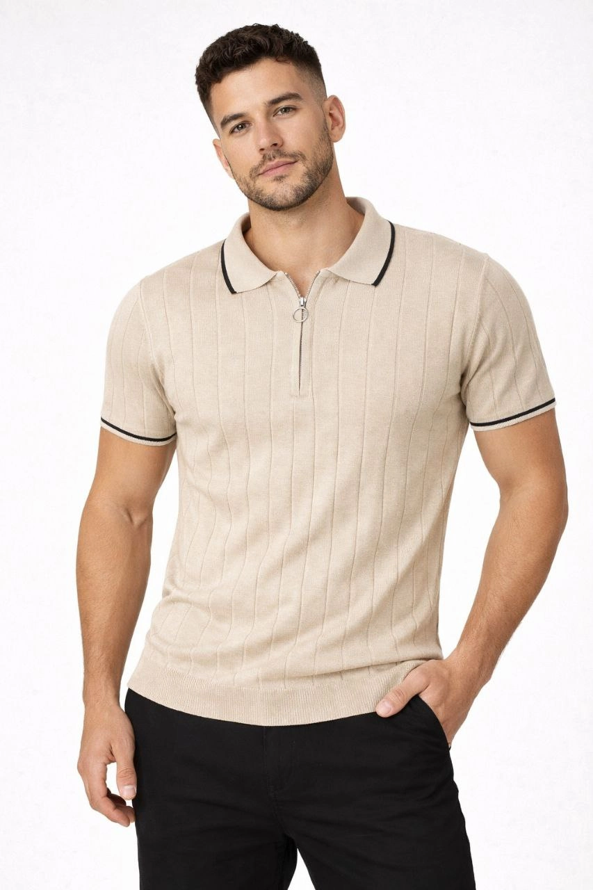 Erkek Dokuma Triko Tişört Fermuarlı Polo Yaka Yazlık Kısa Kol T-Shirt 2 li Set Bej-Beyaz