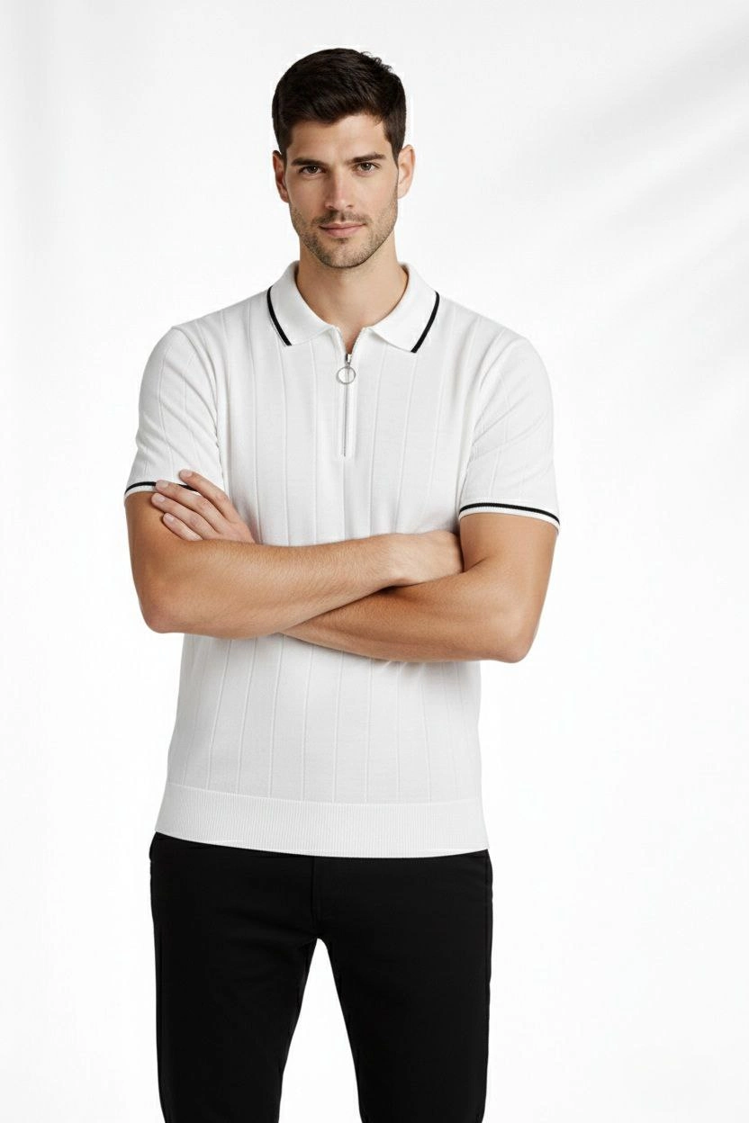 Erkek Triko Tişört Fermuarlı Polo Yaka Kısa Kol T-Shirt 3 lü Set Beyaz-Haki-Siyah