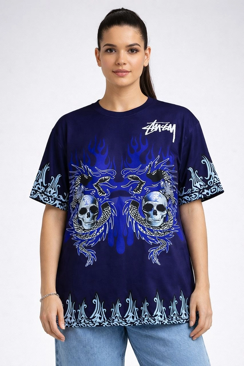 Kadın Oversize Tişört Dragon Kuru Kafa Baskılı Bisiklet Yaka T-Shirt - Lacivert