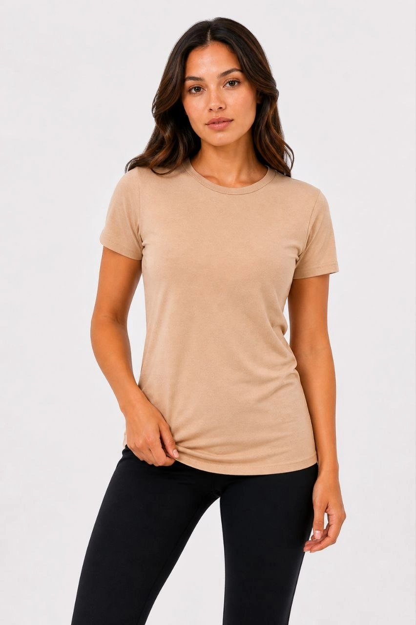 Kadın Basic Tişört Bisiklet Yaka Kısa Kol Günlük Yazlık Slim fit T-Shirt - Bej