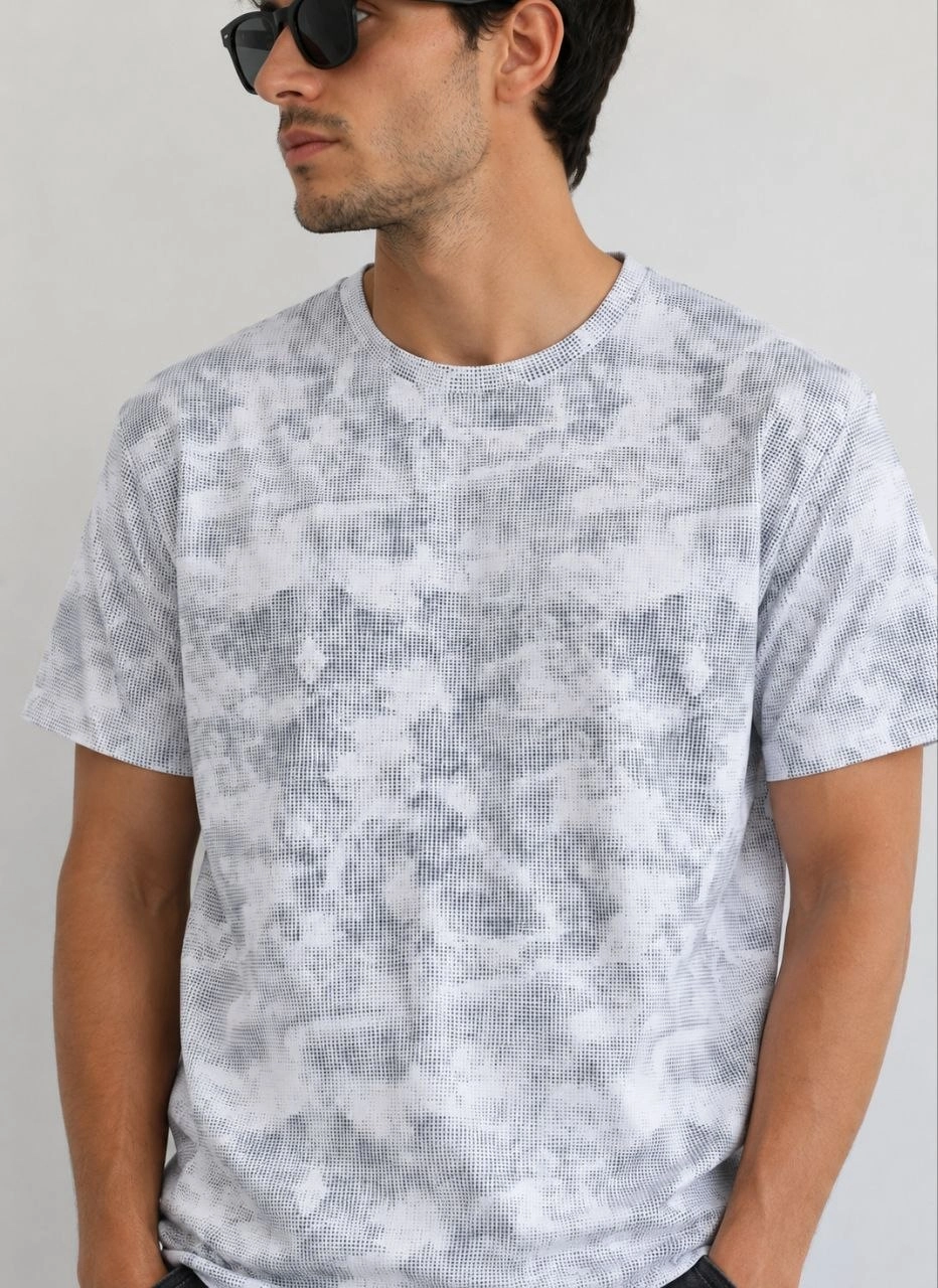 Erkek Batik Desenli Tişört Bisiklet Yaka Kısa Kol Regular Fit T-shirt - Gri