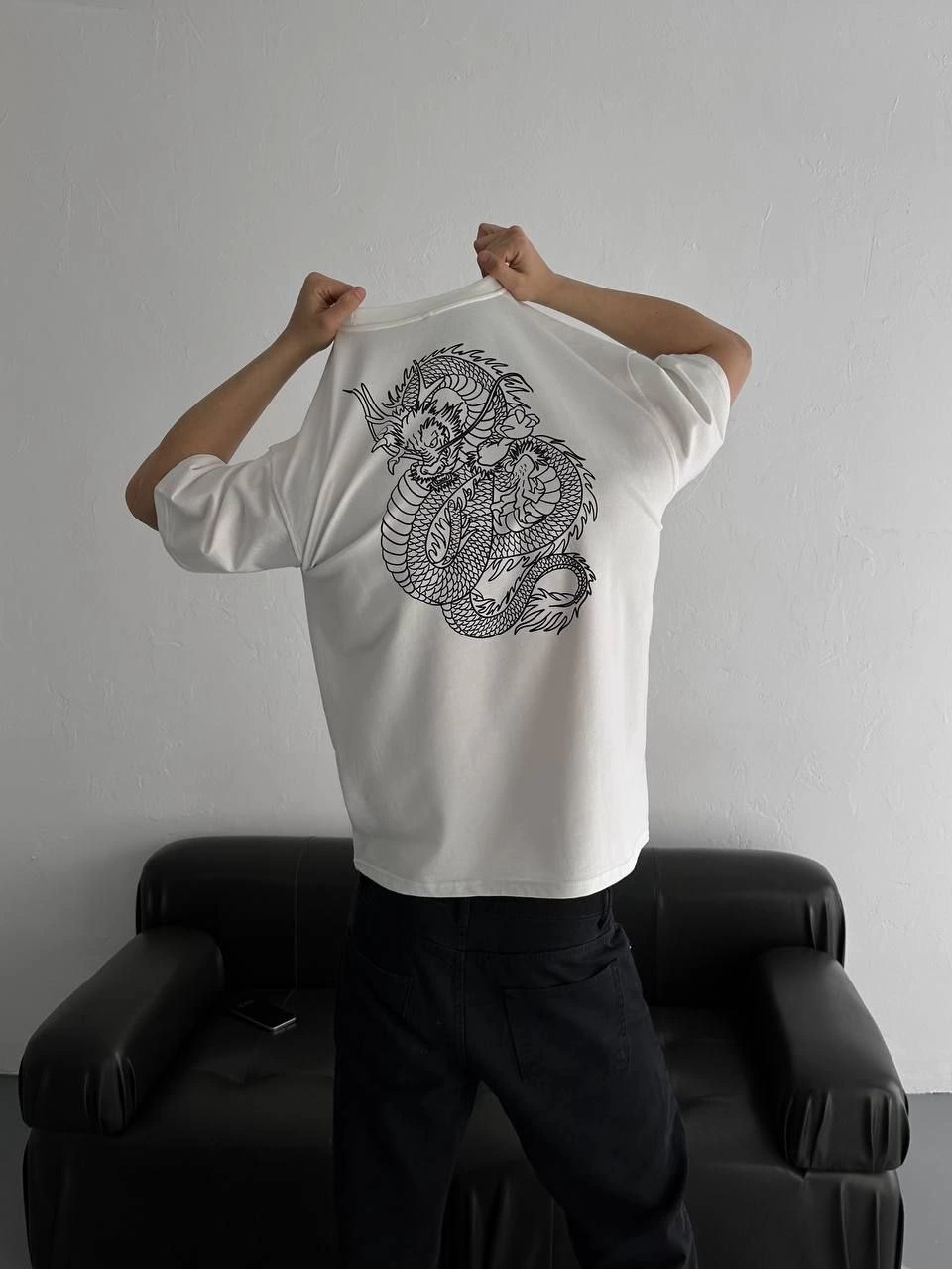 Baskılı Oversize Bisiklet Yaka T-shirt - Beyaz -