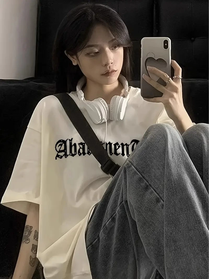 Örümcek Ağı Desenli Baskılı Oversize Bisiklet Yaka T-shirt - Beyaz -
