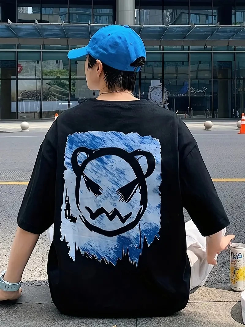 20/1 Penye Compack Bisiklet Yaka Kore tarzı sevimli ayı baskı Kısa Kol t-shirt - Siyah -