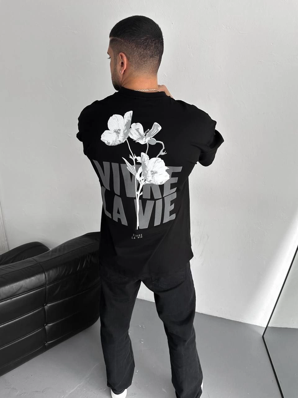 Baskılı Oversize Bisiklet Yaka T-shirt - Siyah -