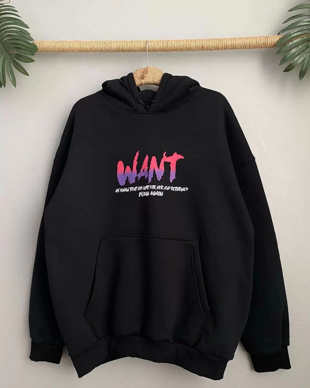 Baskılı Üç İplik Kapüşonlu Oversize Sweatshirt - Siyah -