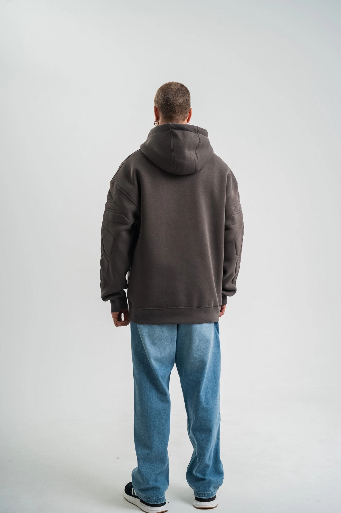 Erkek Nakışlı Kapüşonlu Oversize 3 İplik Pamuklu SweatShirt Hoodie - Füme