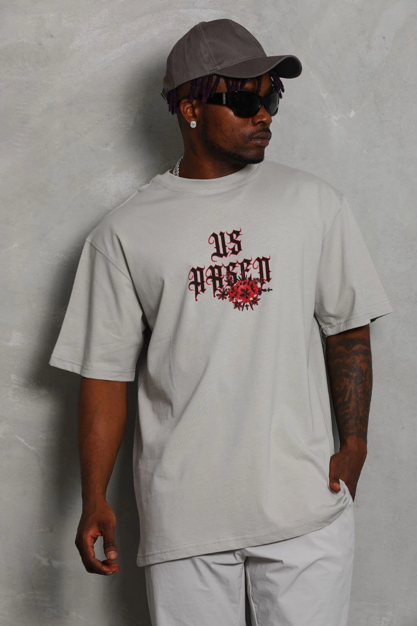 Oversize Baskılı Bisiklet Yaka T-Shirt - Gri -