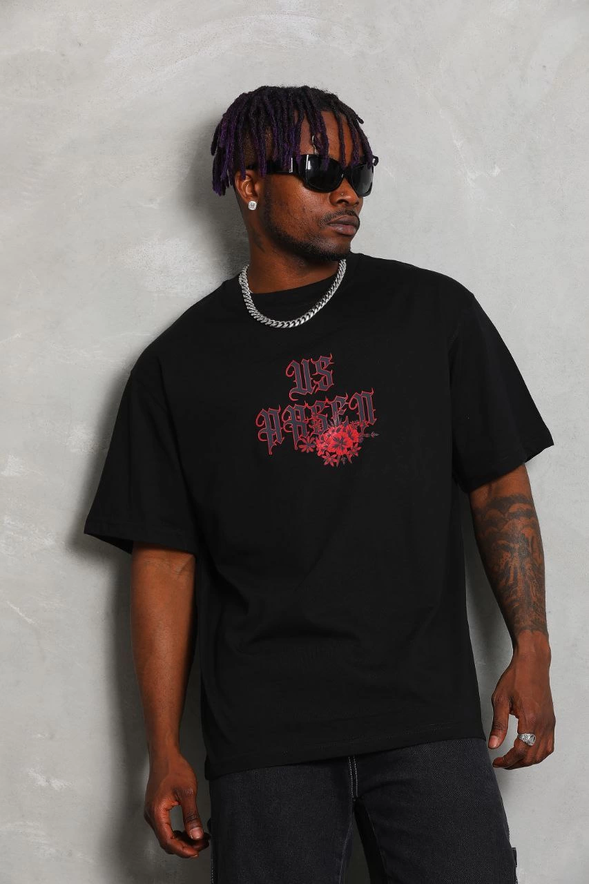 Oversize Baskılı Bisiklet Yaka T-Shirt - Siyah -