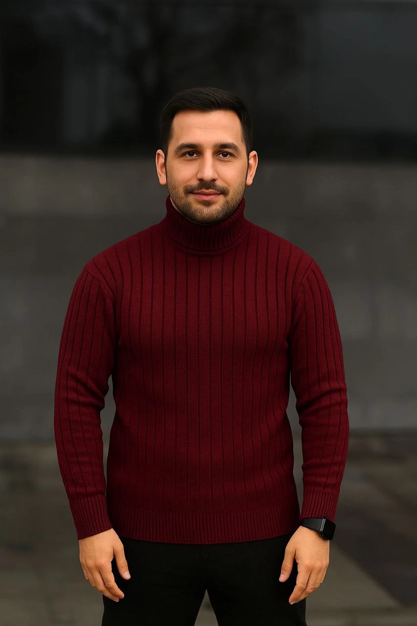Balıkcı Yaka Bağazlı Triko Kazak Pamuklu Kalın Fitilli Dokuma, Regular - Bordo