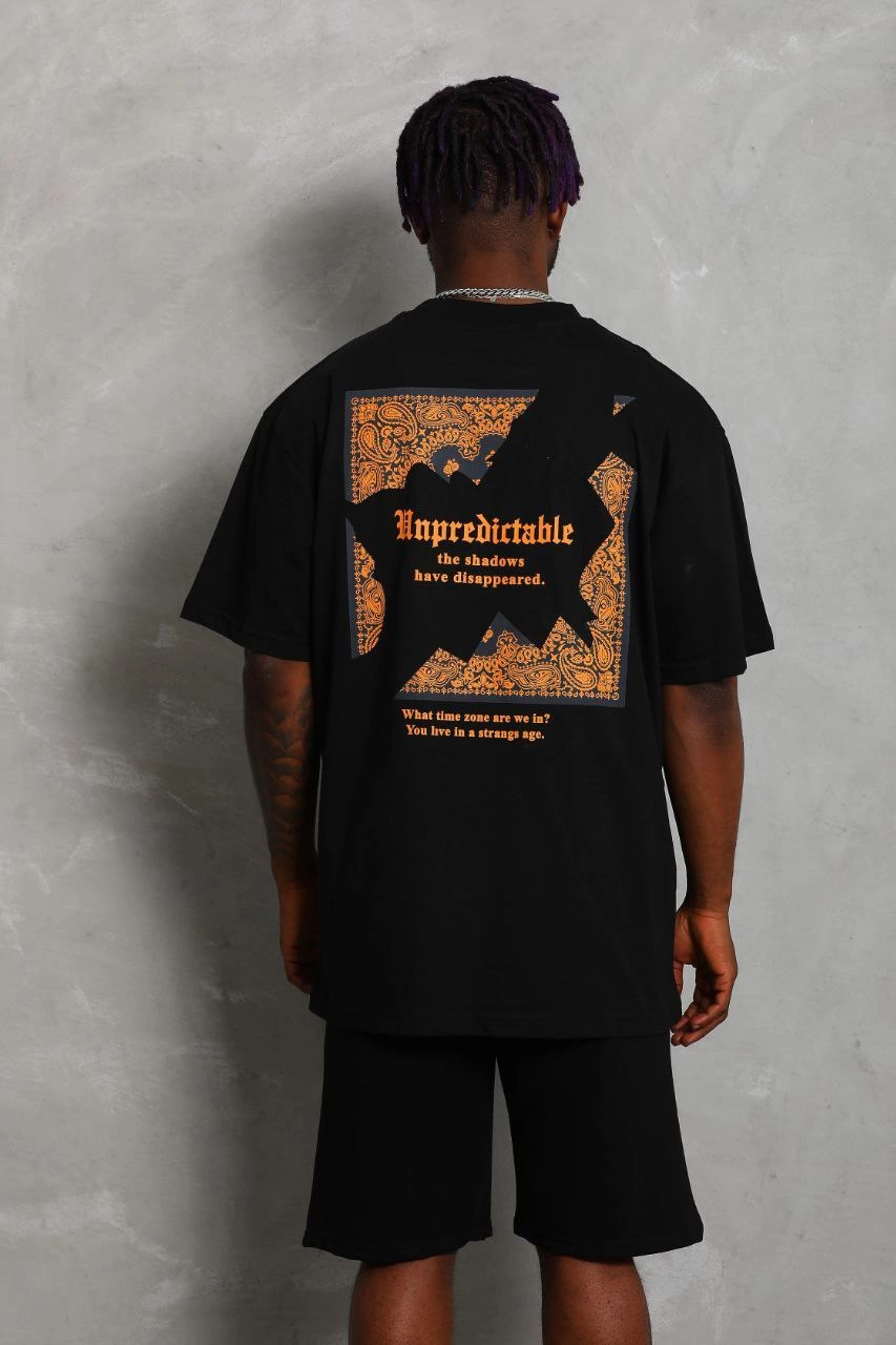 Oversize Baskılı Bisiklet Yaka T-Shirt - Siyah -
