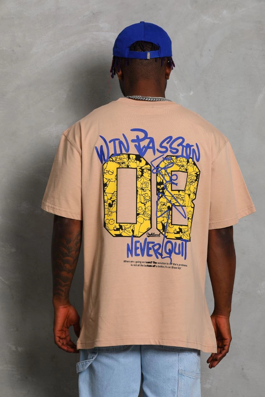 Oversize Baskılı Bisiklet Yaka T-Shirt - Bej -