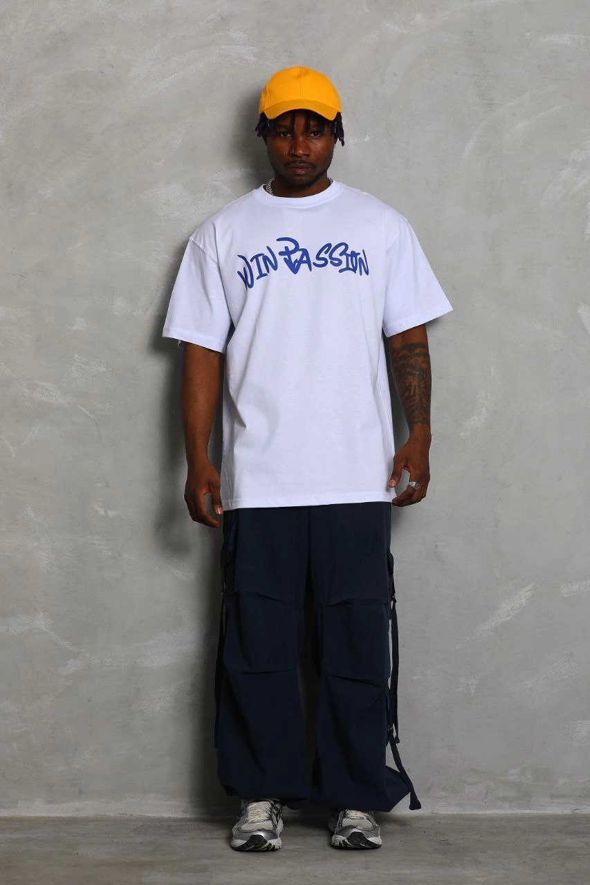 Oversize Baskılı Bisiklet Yaka T-Shirt - Beyaz -