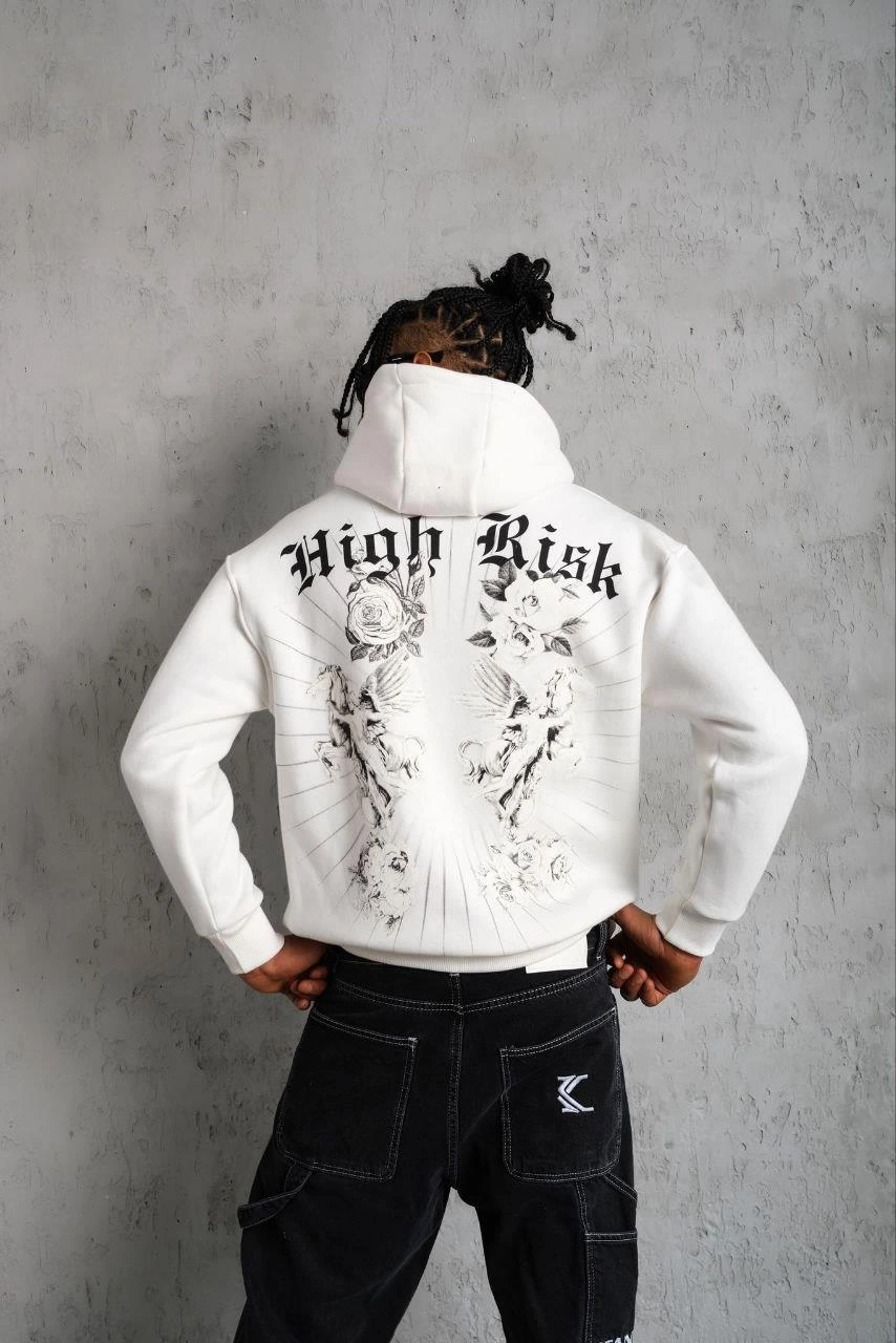 Baskılı Kapşonlu Sweat - Beyaz -