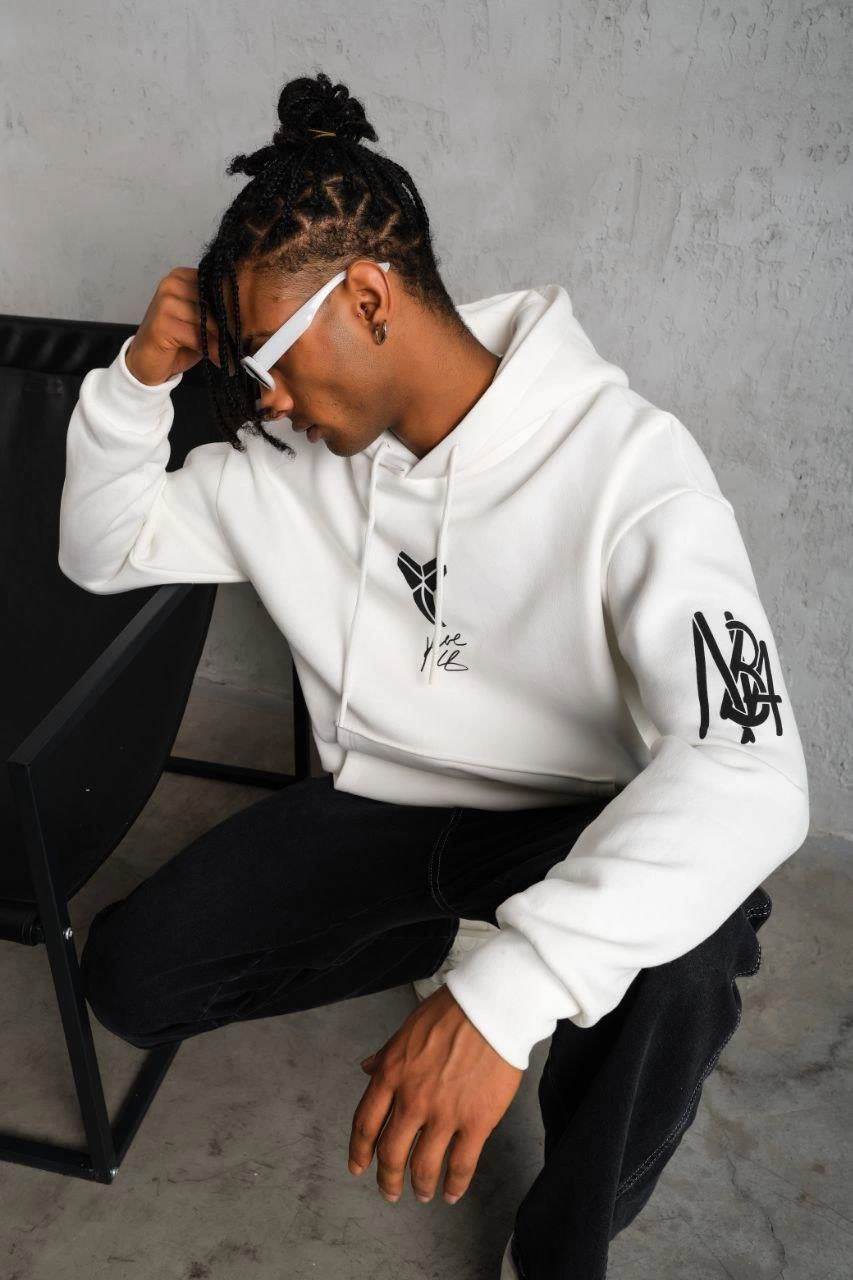 Baskılı Kapüşonlu Sweat - Beyaz -