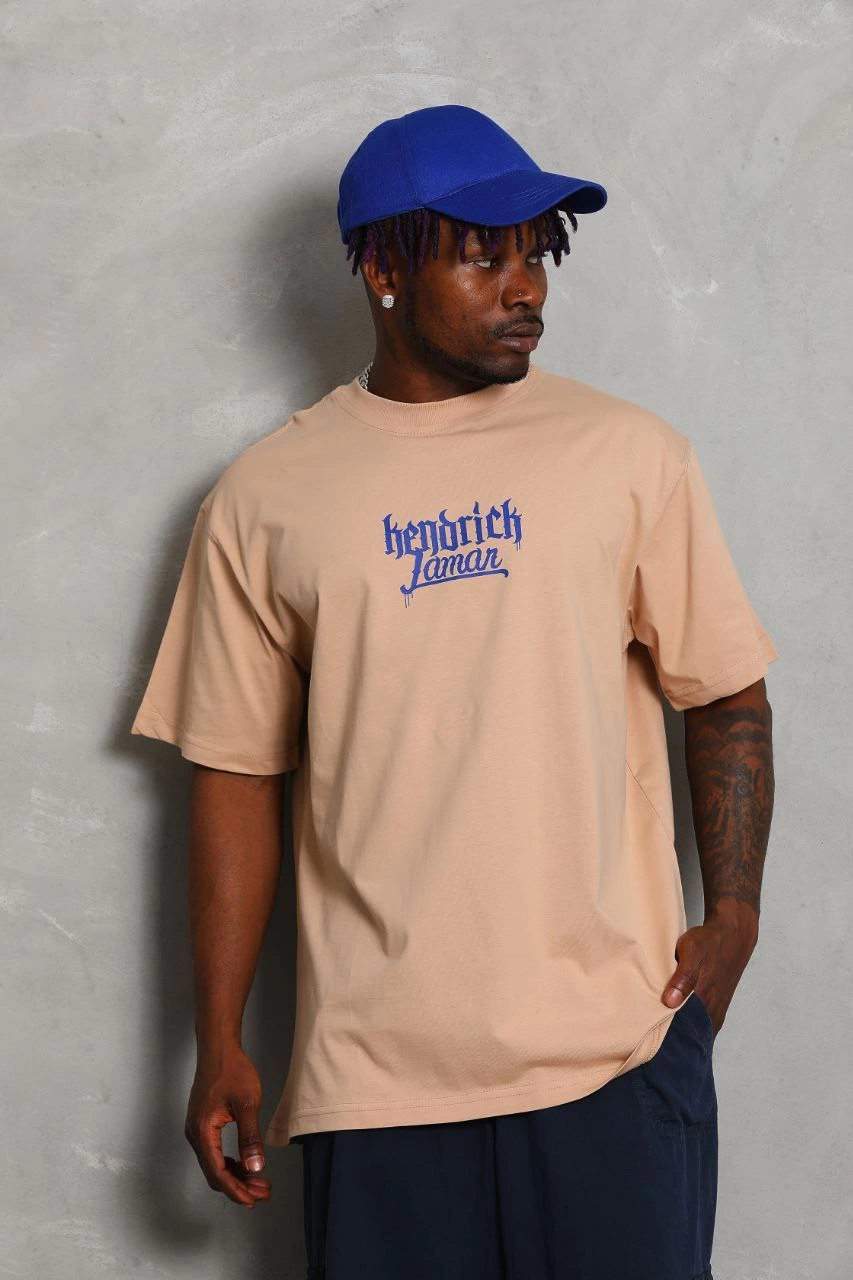 Oversize Baskılı Bisiklet Yaka T-Shirt - Bej -