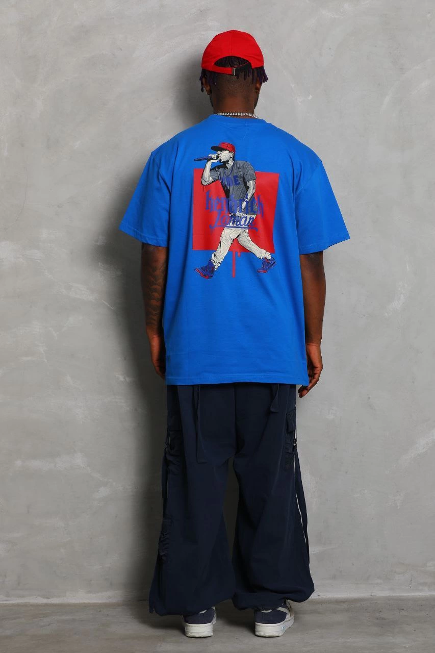 Oversize Baskılı Bisiklet Yaka T-Shirt - Mavi -