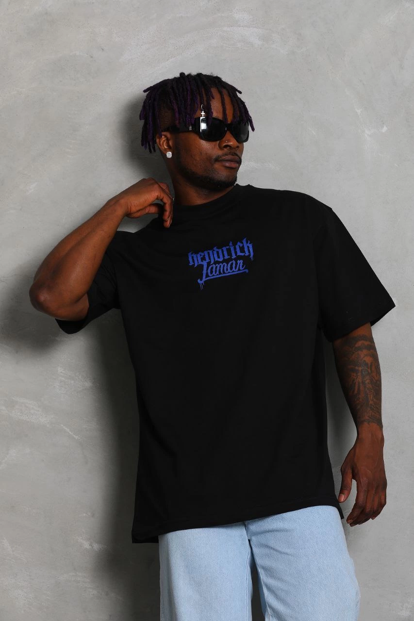 Oversize Baskılı Bisiklet Yaka T-Shirt - Siyah -
