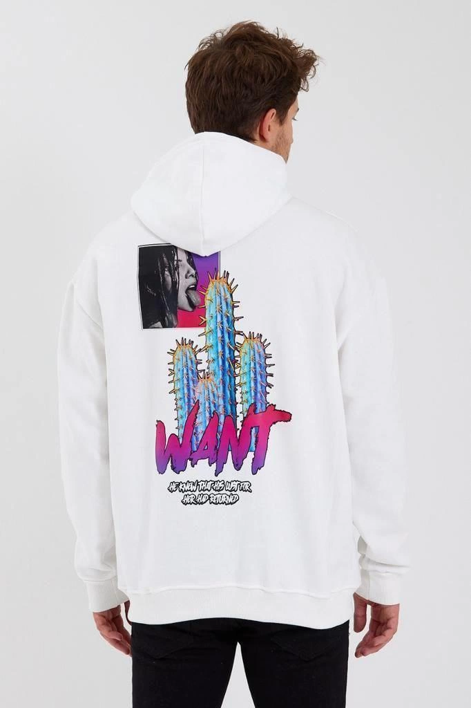 Baskılı Üç İplik Kapüşonlu Oversize Sweatshirt - Beyaz -