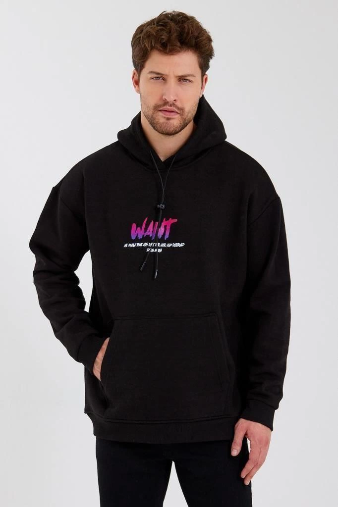 Baskılı Üç İplik Kapüşonlu Oversize Sweatshirt - Siyah -