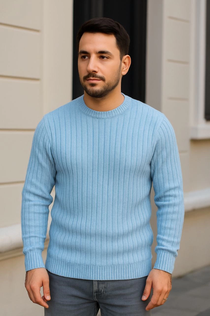 Bisiklet Yuvarlak Yaka Triko Kazak Pamuklu Kalın Fitilli Dokuma, Regular Fit Uzun Kollu Kışlık Model - Bebe Mavisi