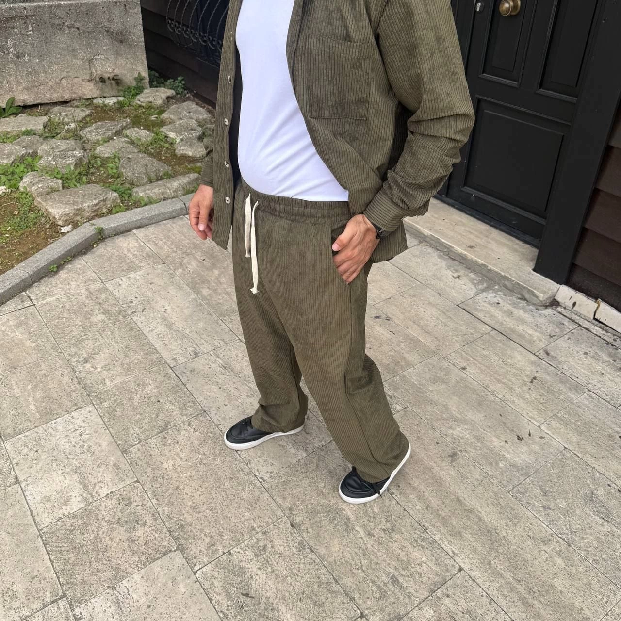 Fitilli Kadife Cepli Buggy Pantolon Oversize Rahat Kalıp - Haki