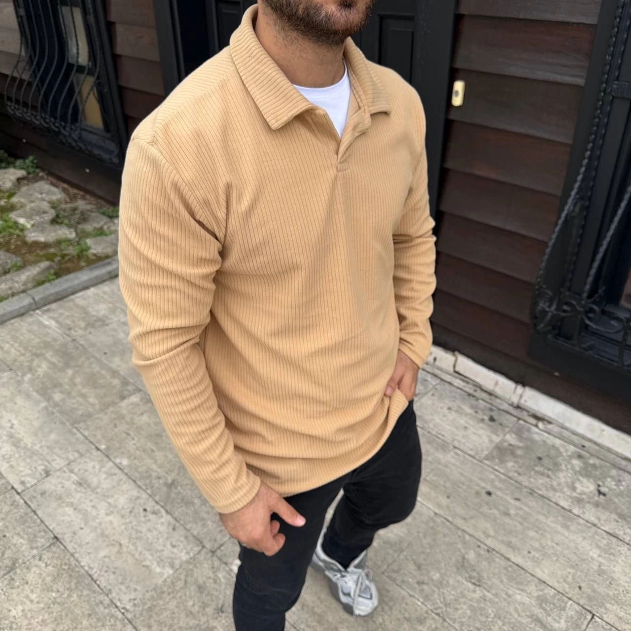 Fitilli Polar Sweatshirt - Düğmesiz Polo Yaka, Oversize Rahat Kalıp, Kalın Polar Kumaş, Kışlık ve Baharlık Şık Günlük Üst - Bej