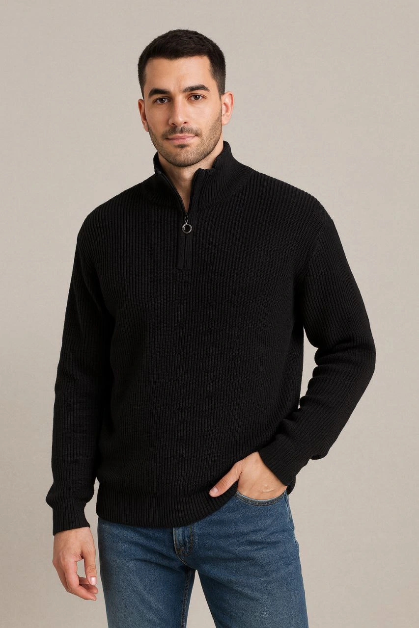 Fitilli Triko Kazak 2’li Set – Mint Yeşili Siyah, Kalın Dokuma Pamuklu Regular Fit V Yaka Fermuarlı Uzun Kollu Rahat Kışlık Kazak Kombini