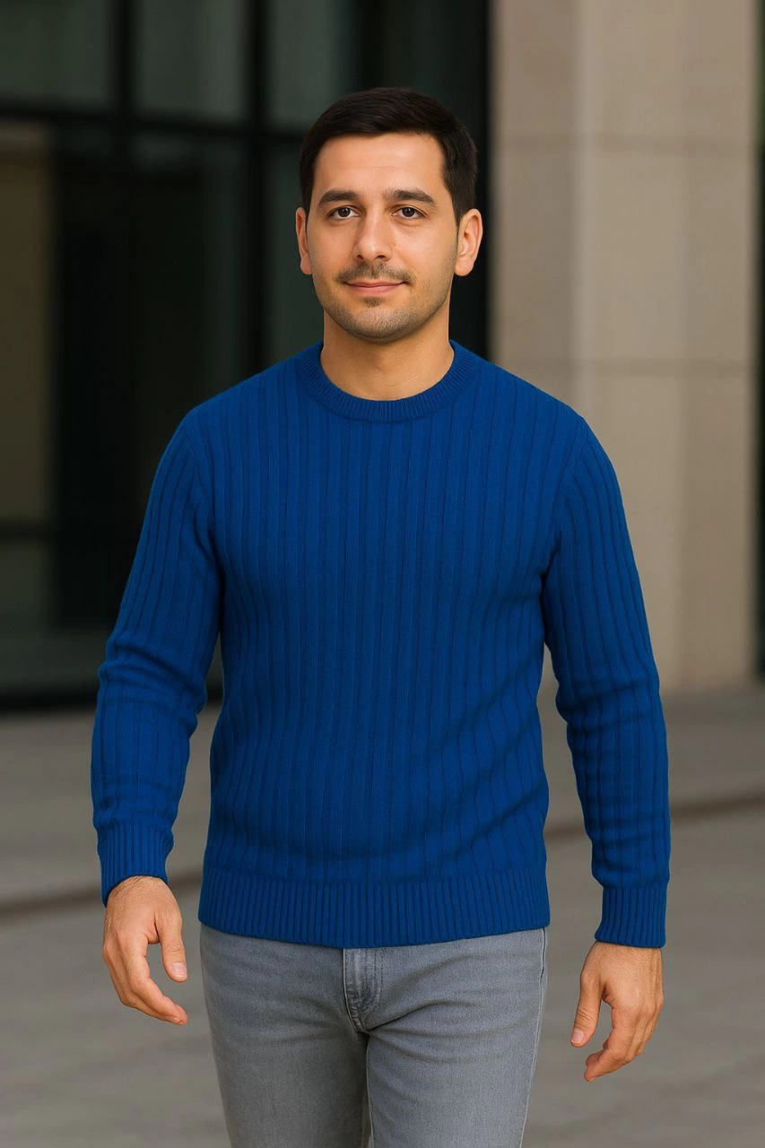 Fitilli Triko Kazak 2’li Set – Siyah Saks Mavisi, Kalın Dokuma Pamuklu Regular Fit Bisiklet Yaka Uzun Kollu Rahat Kışlık Kazak Kombini