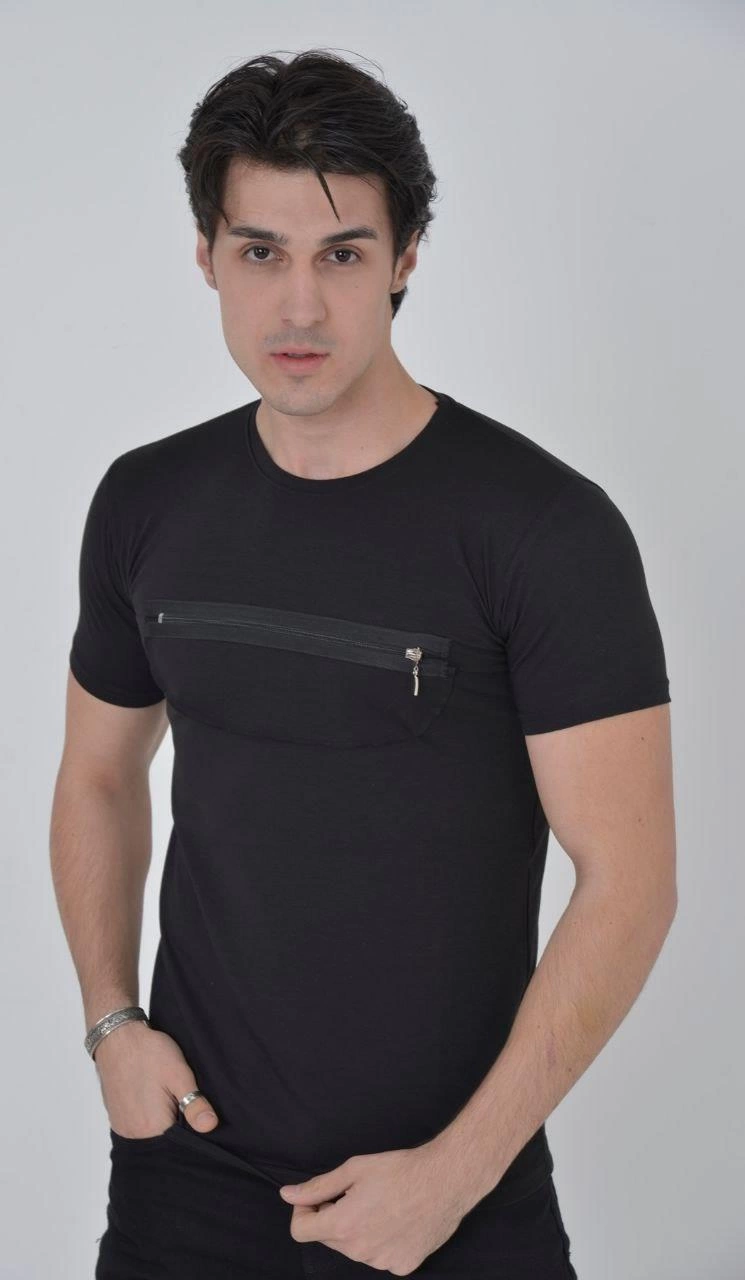 Göğüste Fermuar Aksesuarlı Dar Kalıp T-Shirt - Siyah -
