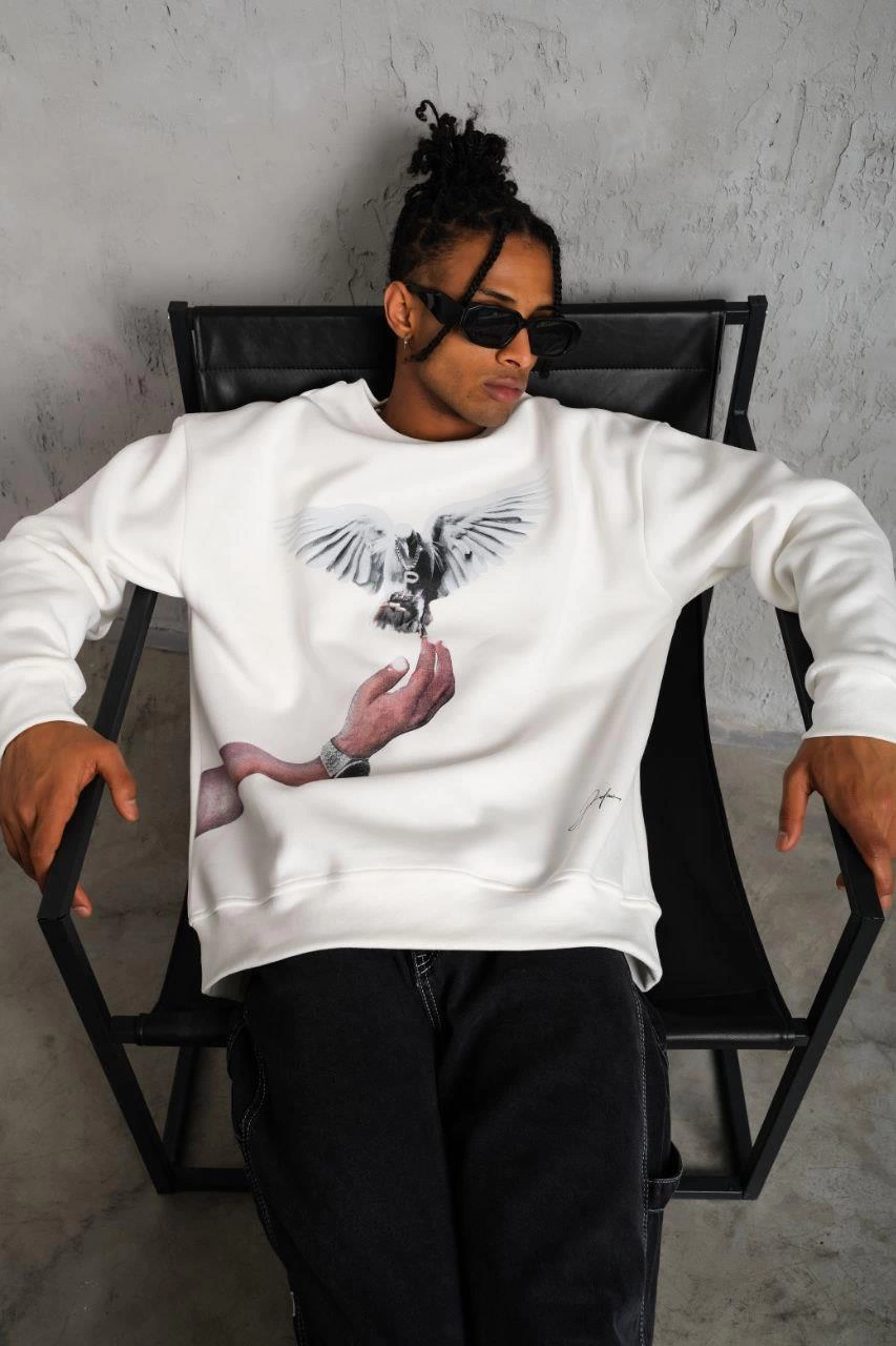 Güvercin Baskılı Sweatshirt - Beyaz -