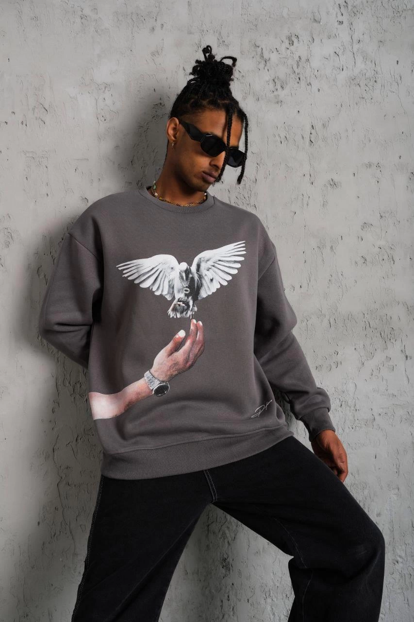Güvercin Baskılı Sweatshirt - Gri