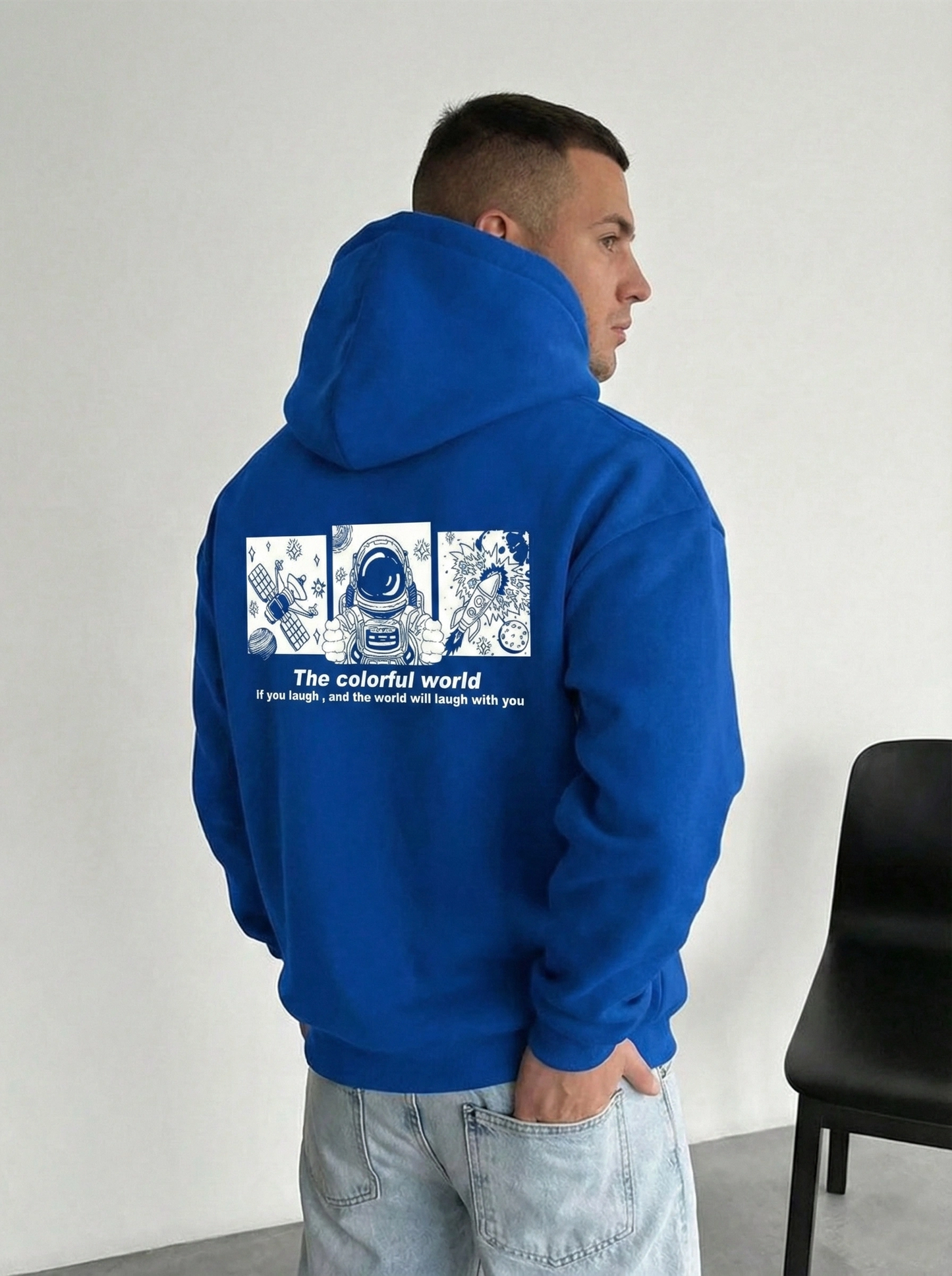 Kapüşonlu Oversize Hoodie - Üç İplik Pamuklu, Astronot Temalı Renkli Dünya Baskılı, Kanguru Cepli Premium Sweatshirt - Saks Mavi