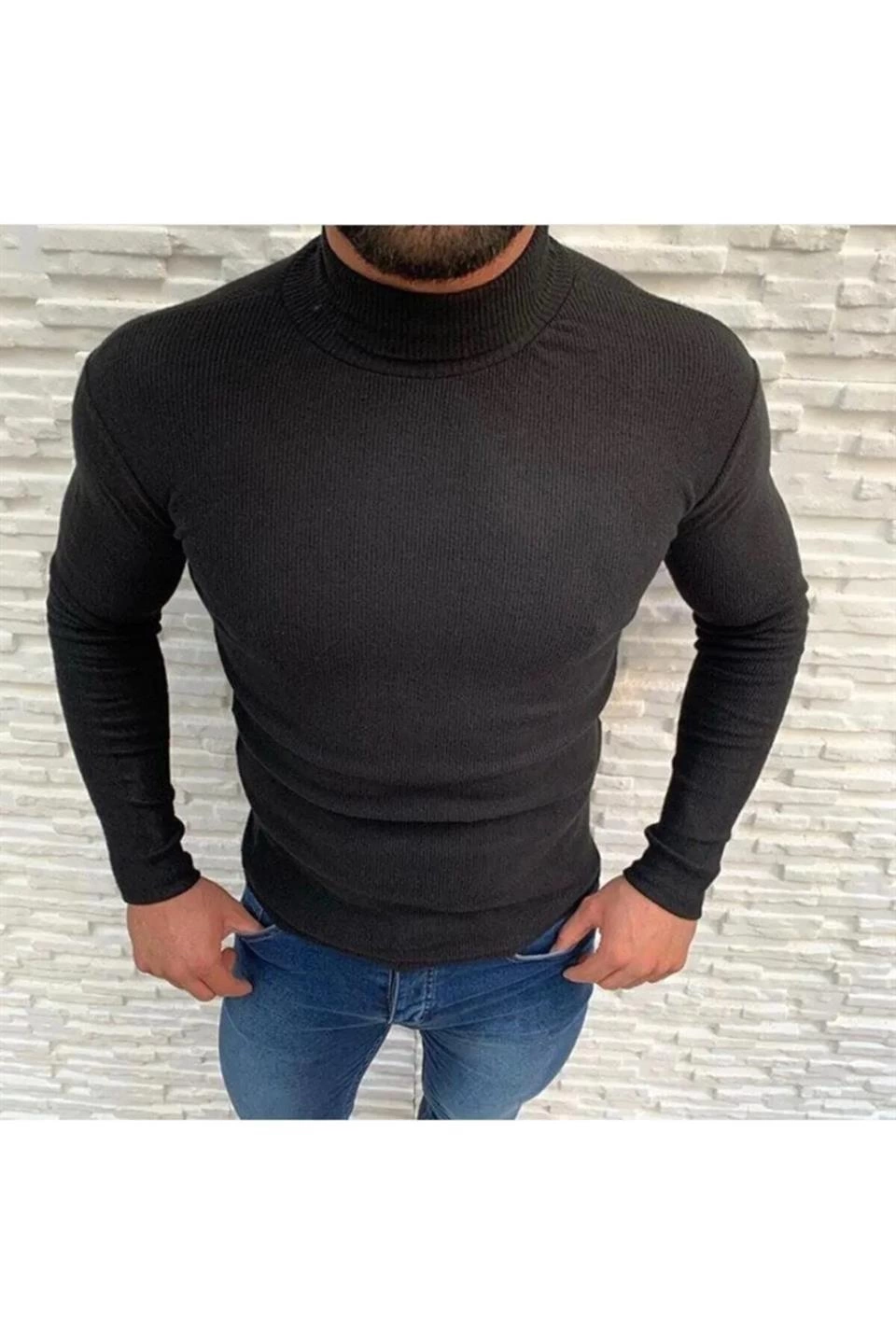 Kaşkorse Boğazlı Full Likralı Fitilli Body Kazak - Siyah