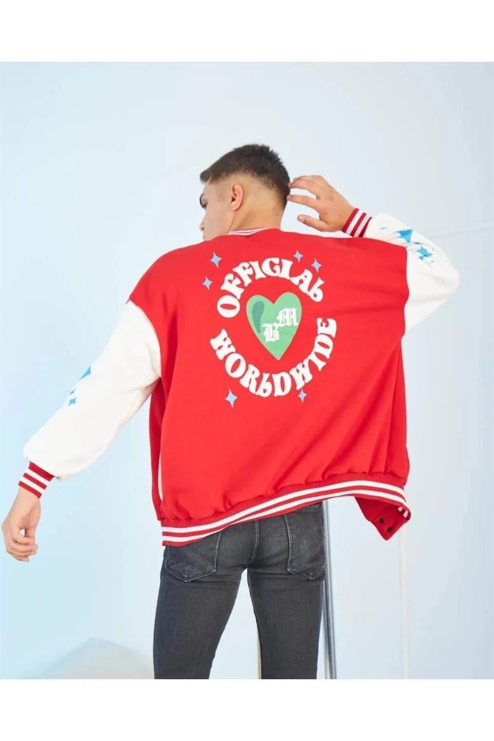 Kolları Yıldız Sırt Baskılı Oversize Kolej Ceket - Kırmızı