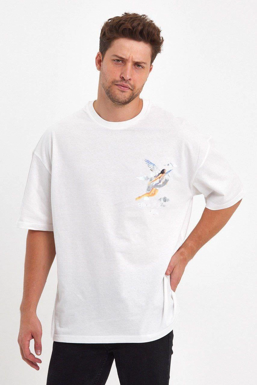 Melek Baskılı Oversize T-shirt - Beyaz -
