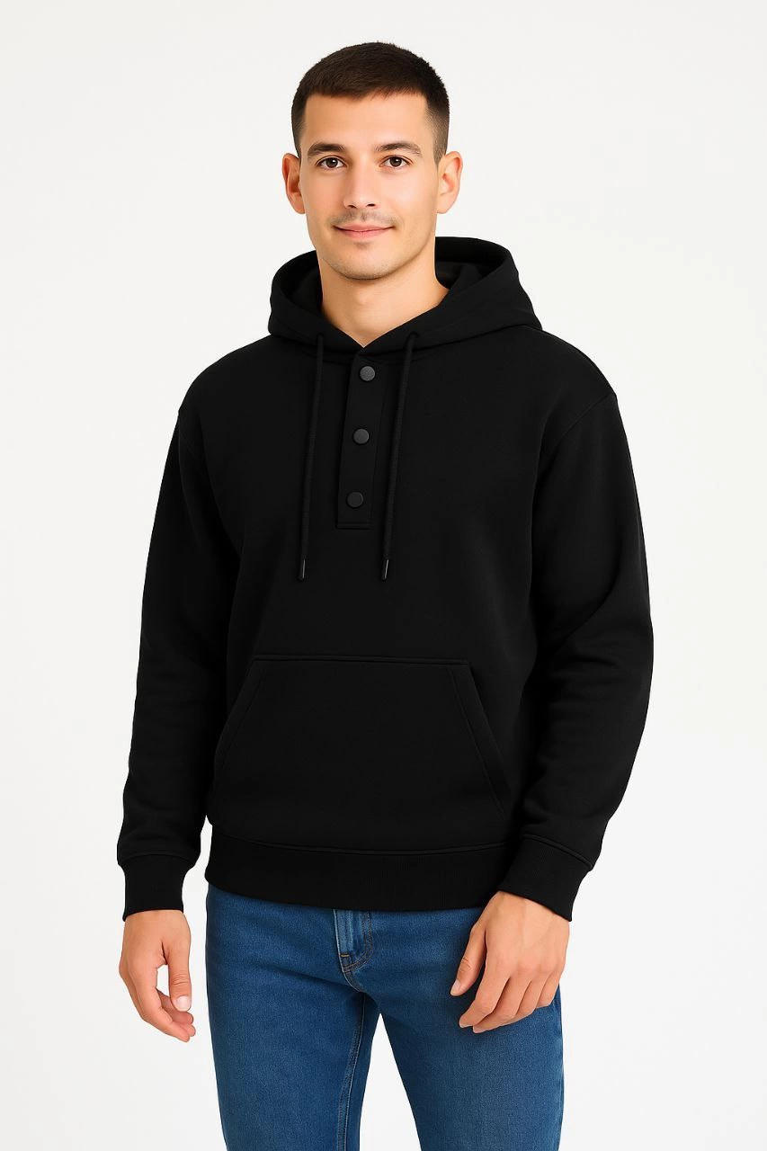 Ovarsize Kapüşonlu sweatshirt Kanguru Çepli Cıtcıtlı 3 iplik Şardonlu Hoodie - Siyah -