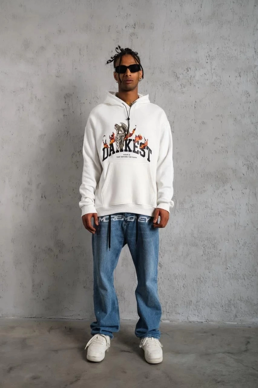 Oversize Kapüşonlu Sweatshirt - Beyaz Renk Üç İplik İçi Pamuklu Kanguru Cepli Baskılı Hoodie Rahat Kalıp Kışlık Günlük Kombinlere Uygun - Beyaz -
