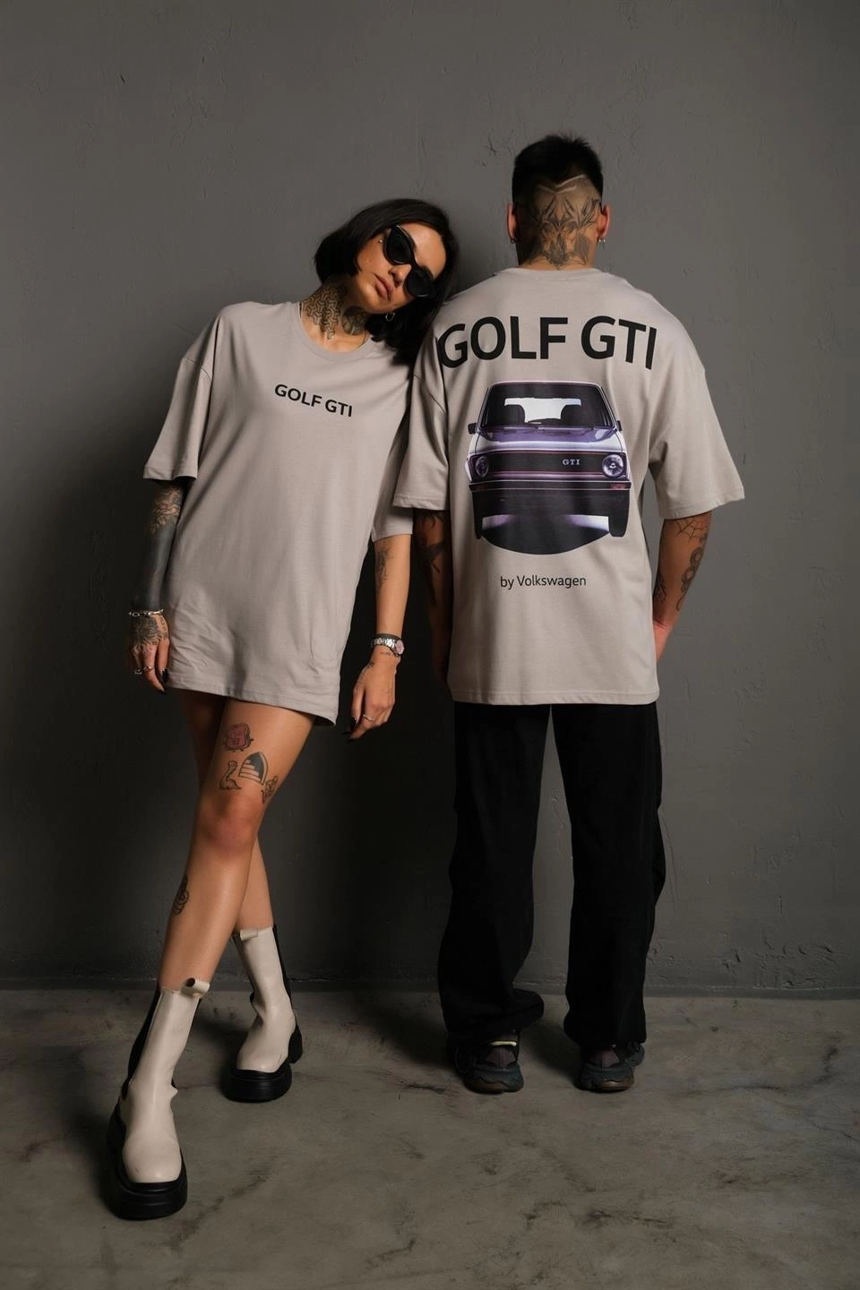Oversize Baskılı Tişört - Golf GTI Retro Araba Desenli - Gri -