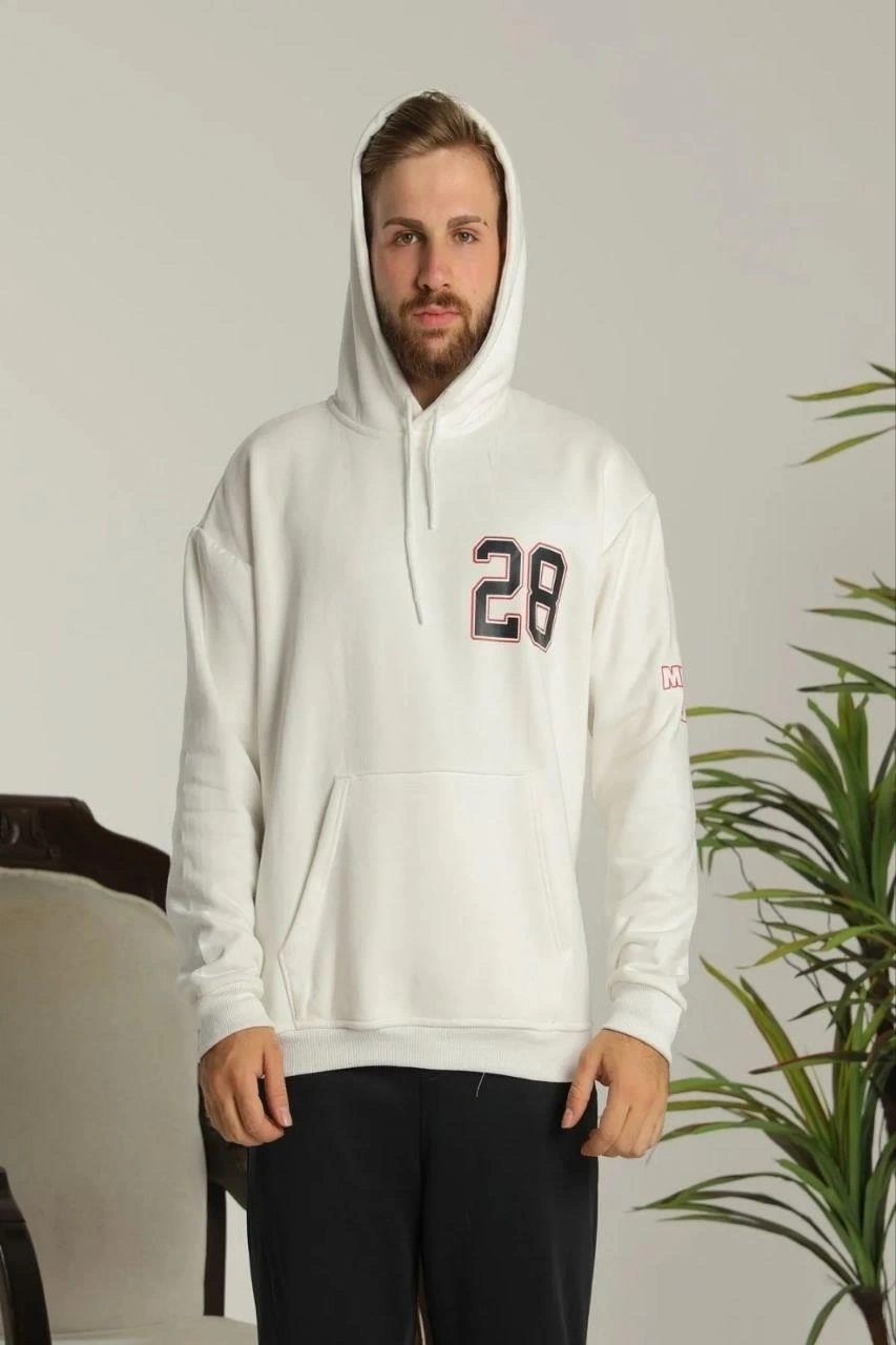 OversizeKapüşonlu Sweatshirt -Sırt ve Ön Baskılı Siyah Beyaz -