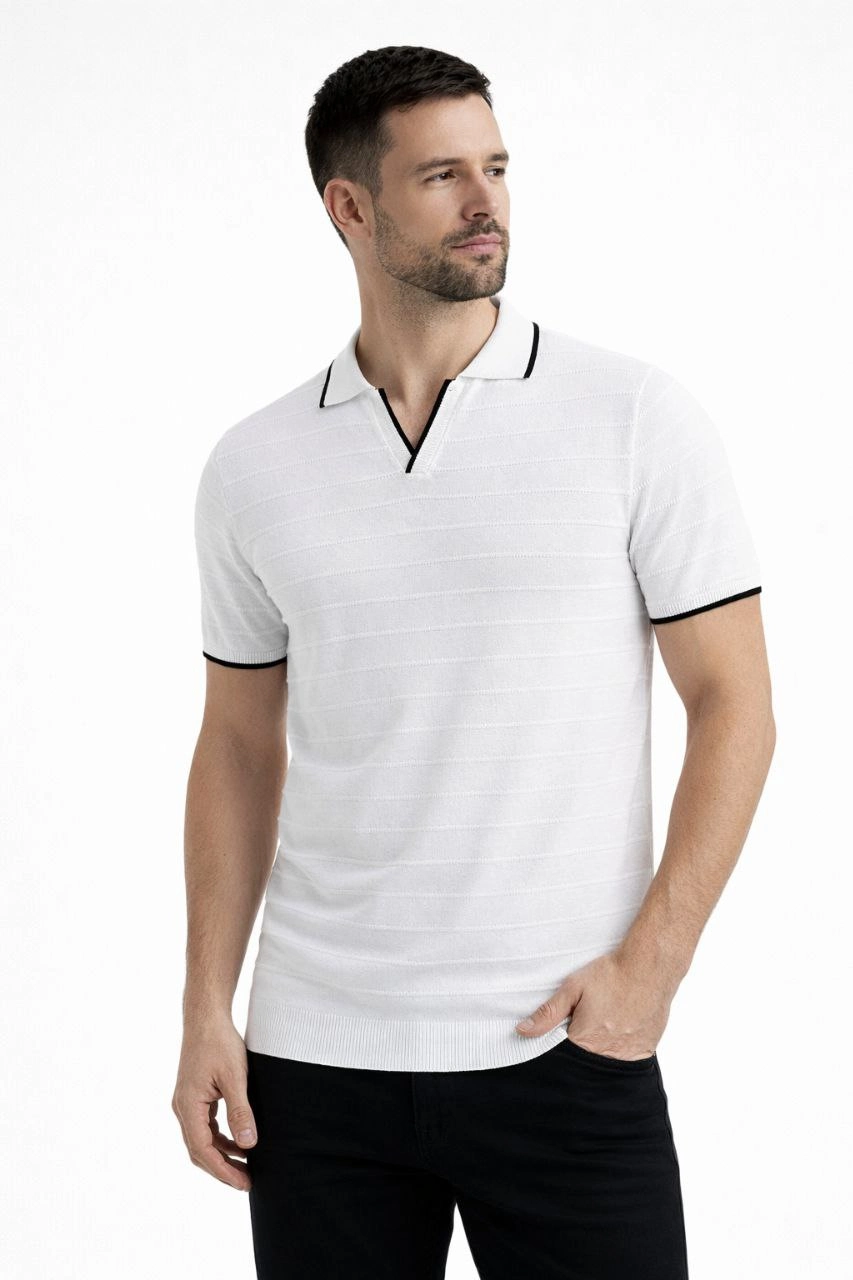 Erkek Yazlık Dokuma Triko Tişört Düğmesiz Polo Yaka Kısa Kol T-Shirt - Beyaz