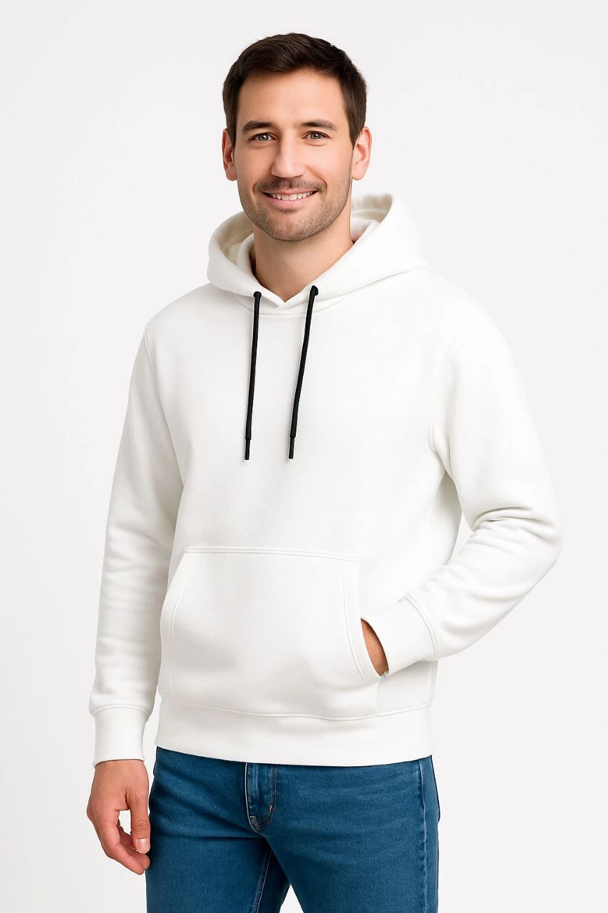 Üç İplik Kapüşonlu Kanguru Cepli SweatShirt hoodie - Beyaz -