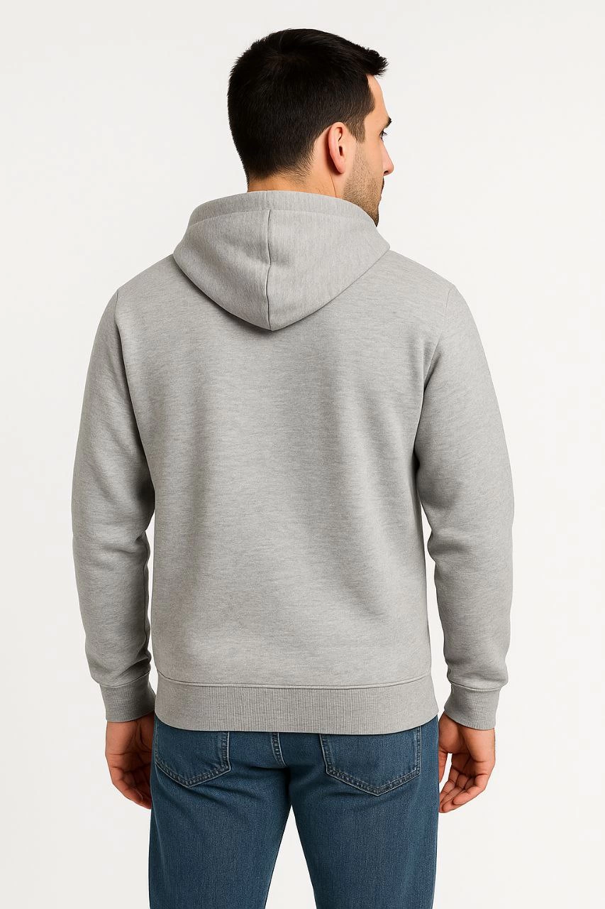 Üç İplik Kapüşonlu Tam Fermuarlı Kanguru Çepli SweatShirt Hoodie - Gri -