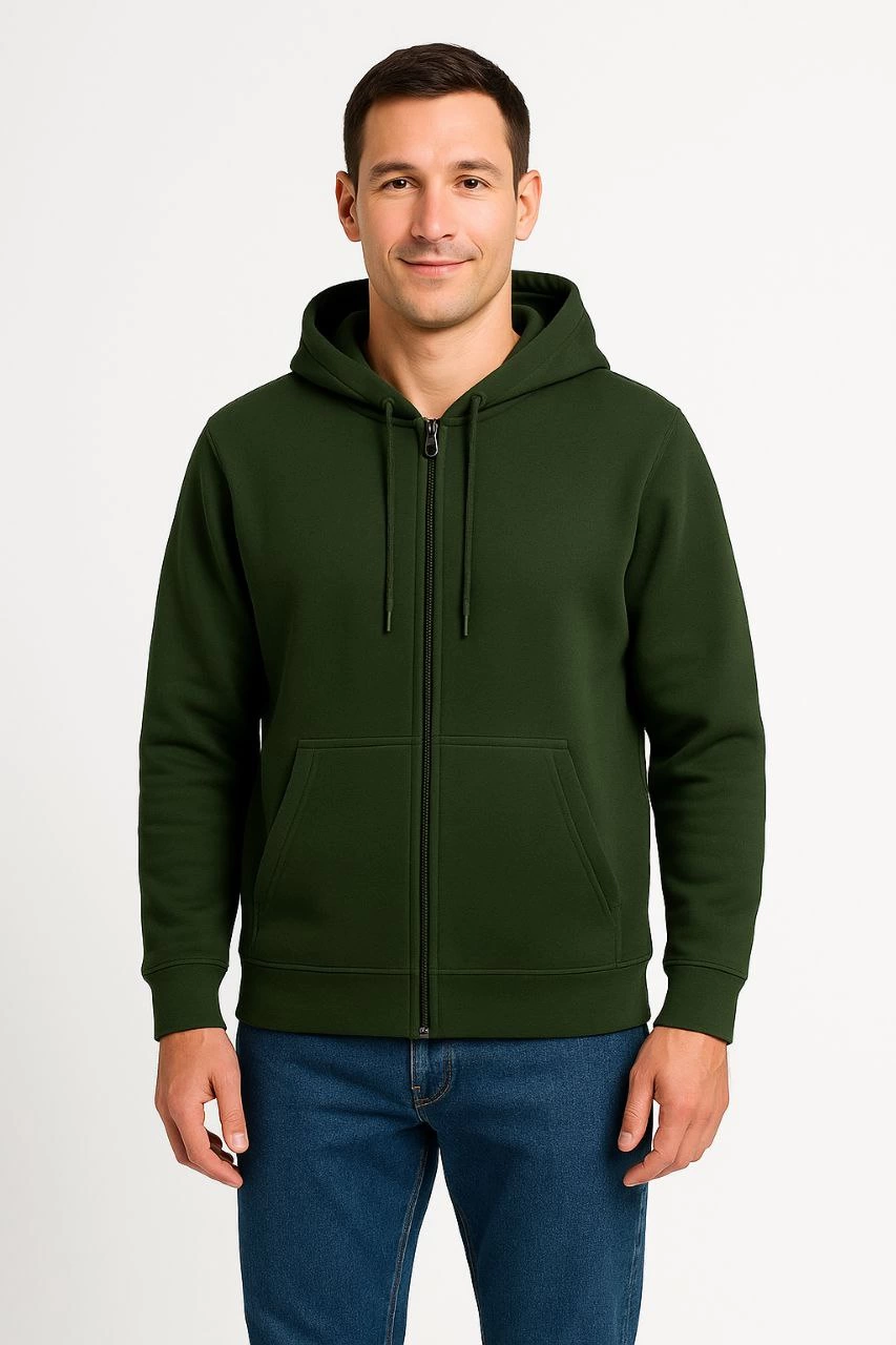 Üç İplik Kapüşonlu Tam Fermuarlı Kanguru Cepli Sweatshirt Hoodie - Haki -