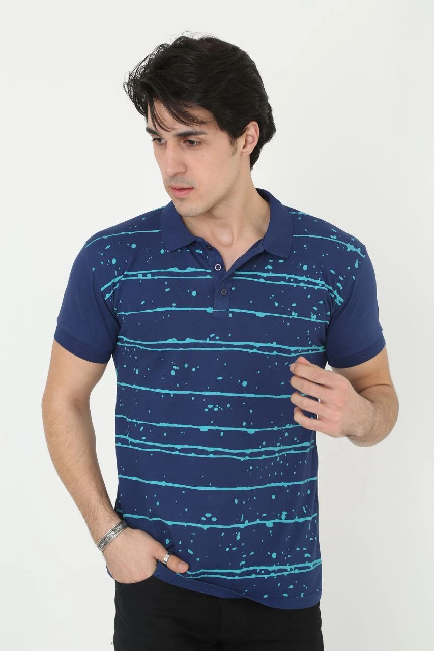Yakalı Slim Fit Pike Çizgili T-Shirt - Mavi -