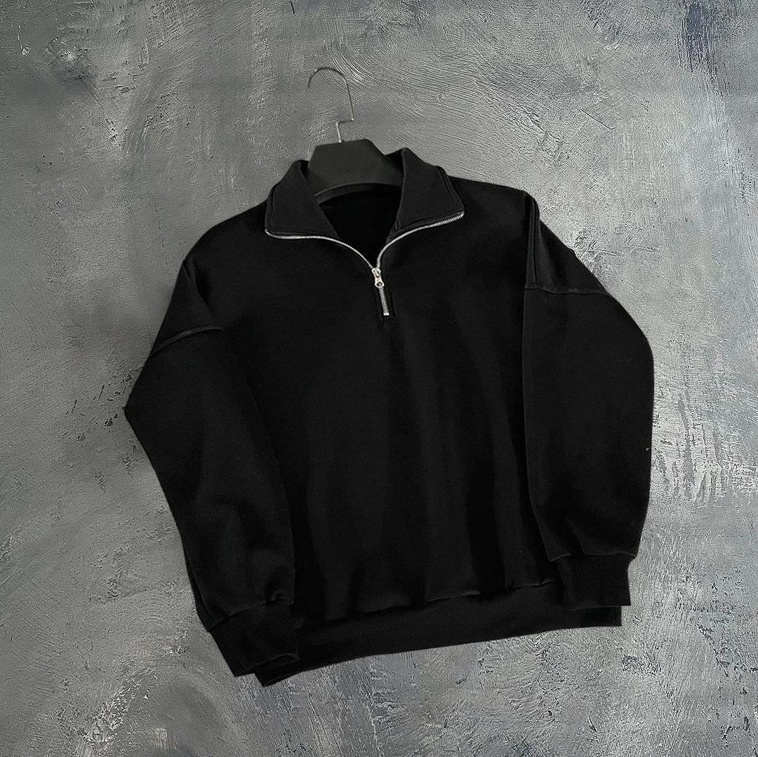 Yarım Fermuarlı Üç İplik Sweatshirt - Siyah -