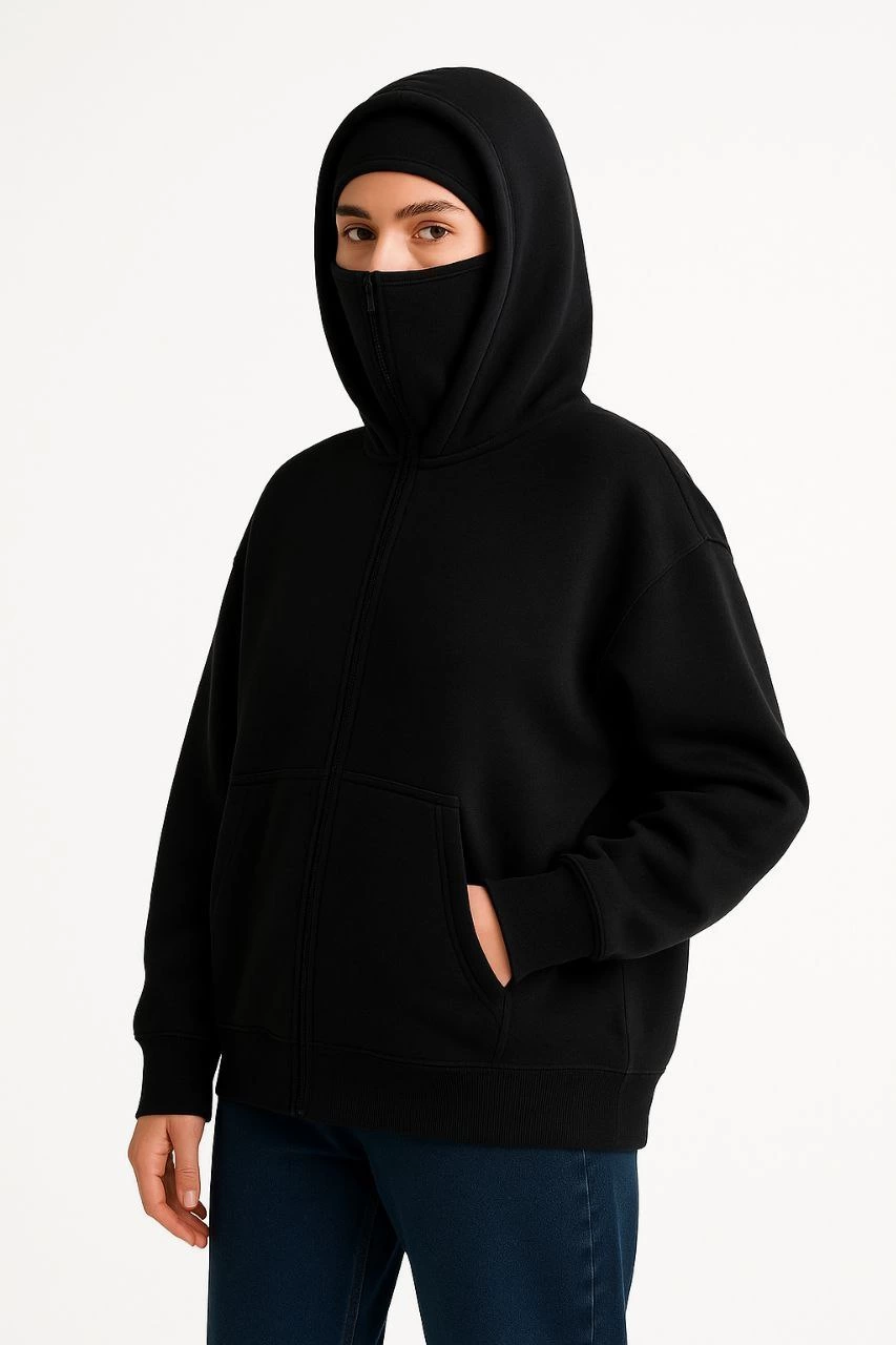 Samuray Ninja Çift Kapşonlu ZIP Fermuarlı Kanguru Çepli Hoodie Maske detaylı sweatshirt - Siyah