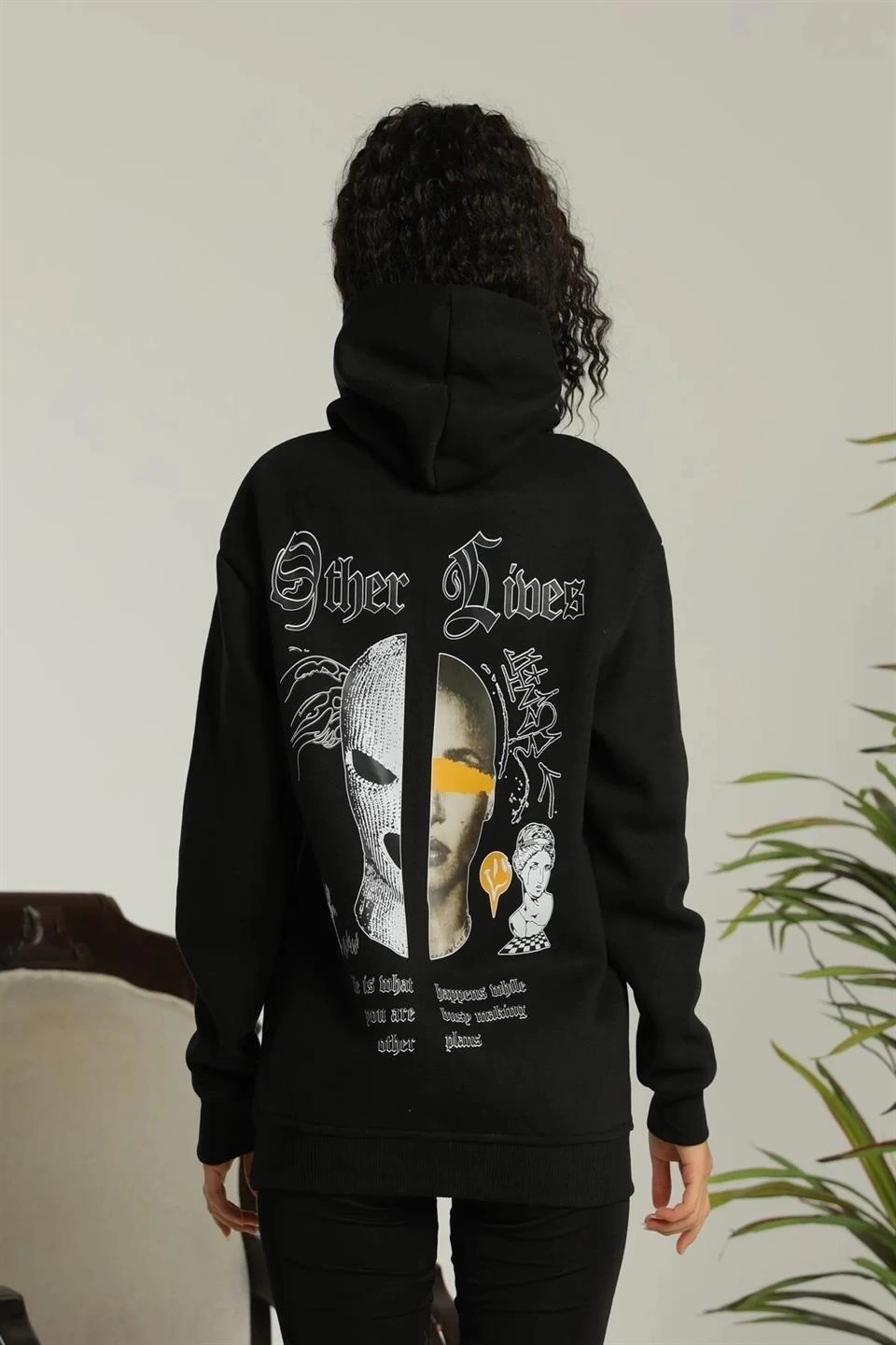 OversizeKapüşonlu Sweatshirt'Other Lives' Ön ve Arka Baskılı,Siiyah -