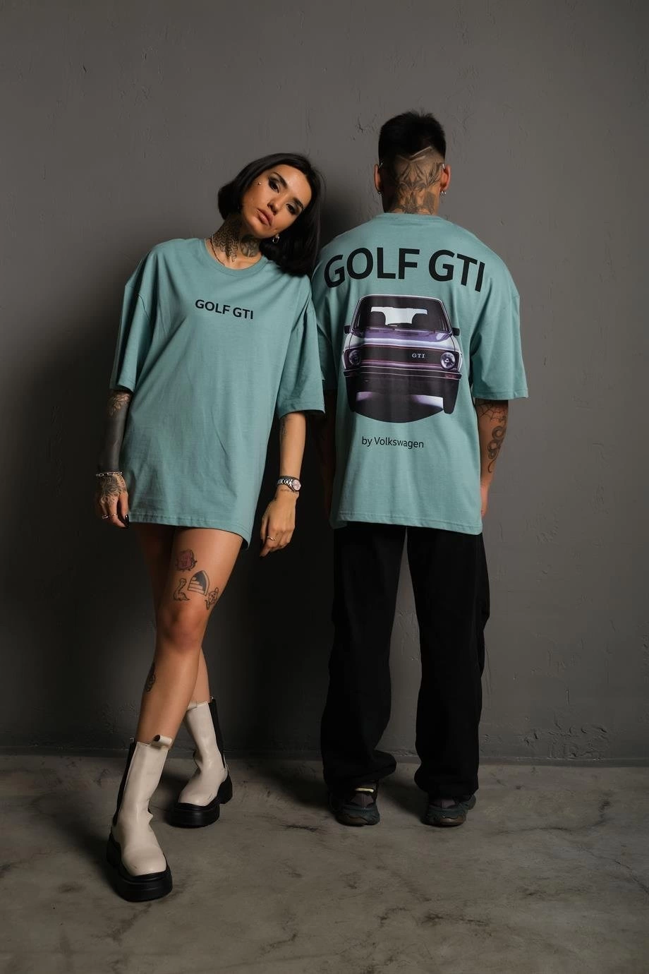 Oversize Golf GTI Retro Araba Desenli, Ön ArkaBaskı, Mint Yeşili -